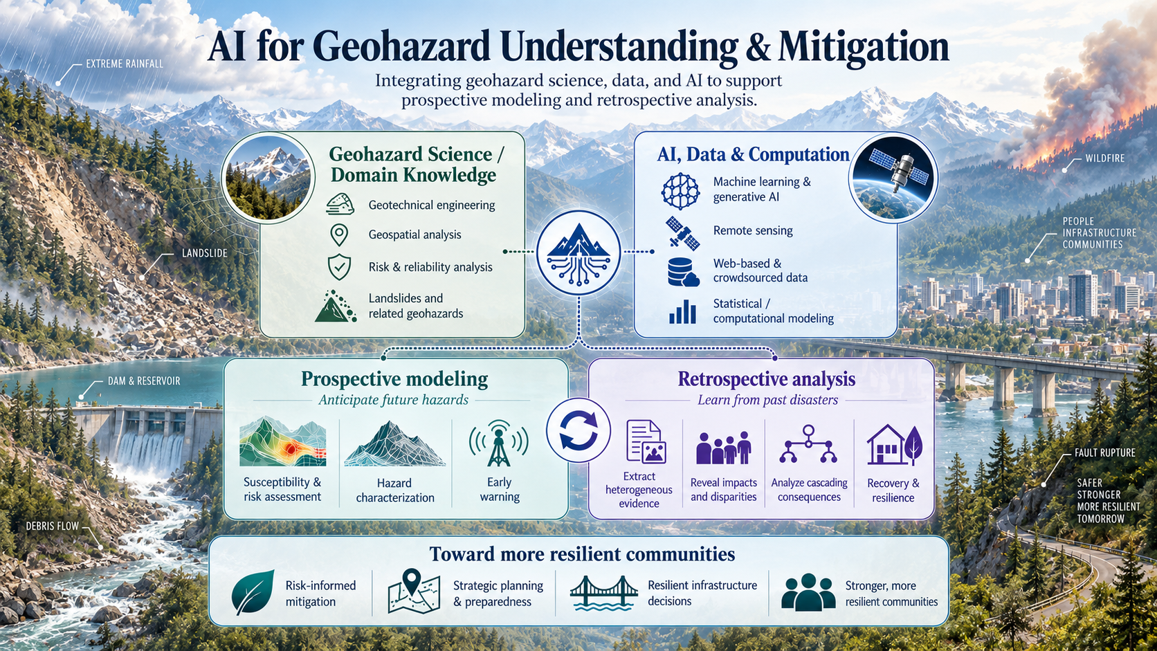 Diagram of Xin Wei's research framework integrating geohazard science with AI, data, and computation for prospective modeling, retrospective analysis, and resilient communities