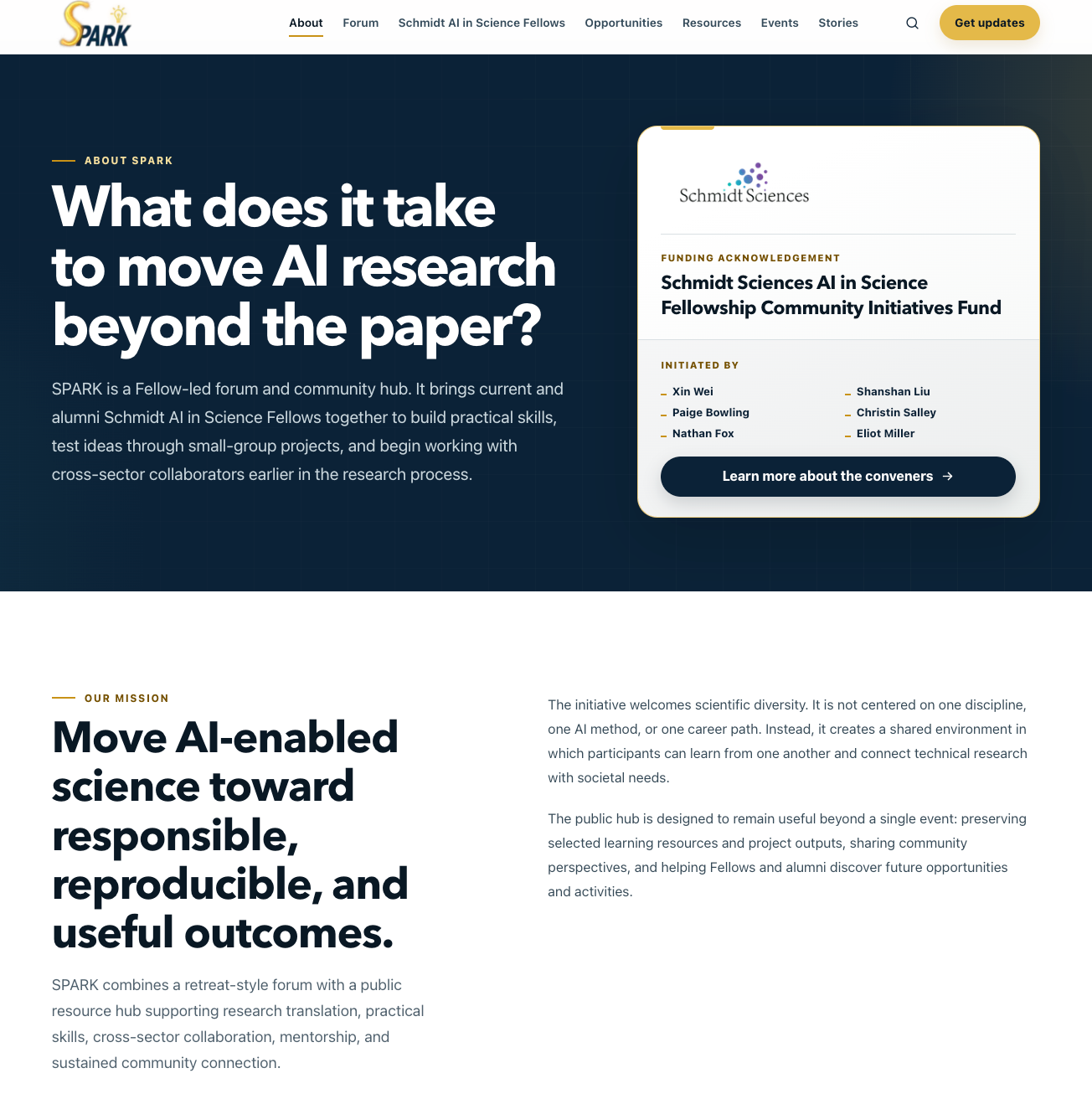 SPARK website About page with the initiative's mission, funding acknowledgement, and conveners