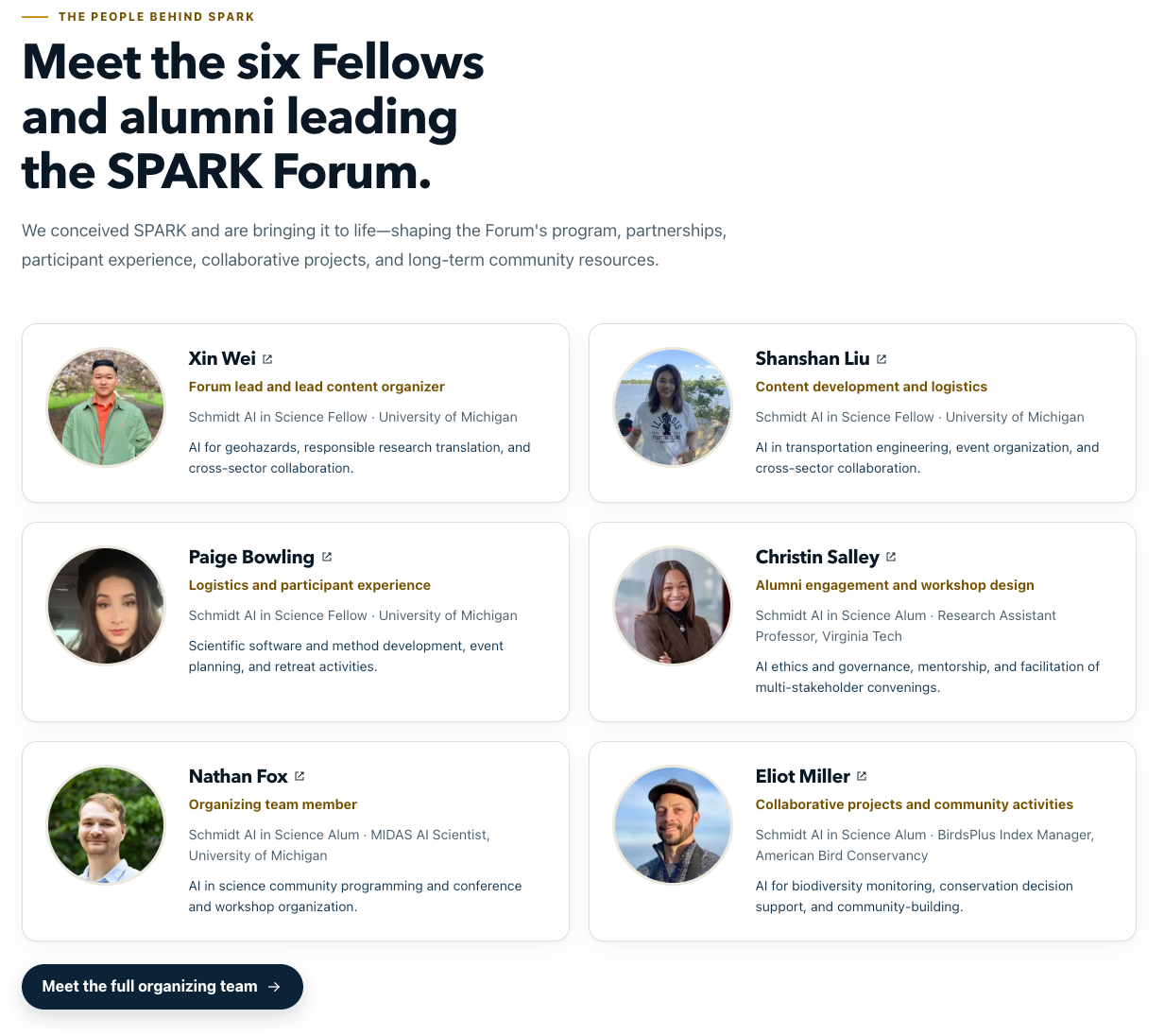 Profiles and responsibilities of the six Fellows and alumni leading the SPARK Forum