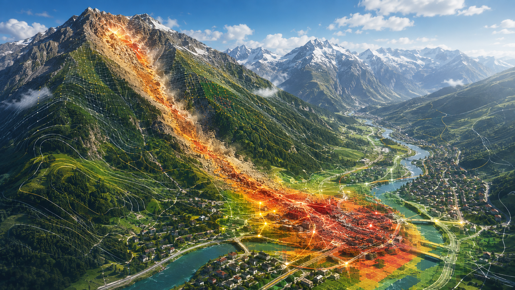 Conceptual illustration of slope failure, runout, and spatially distributed consequences across an exposed valley community.