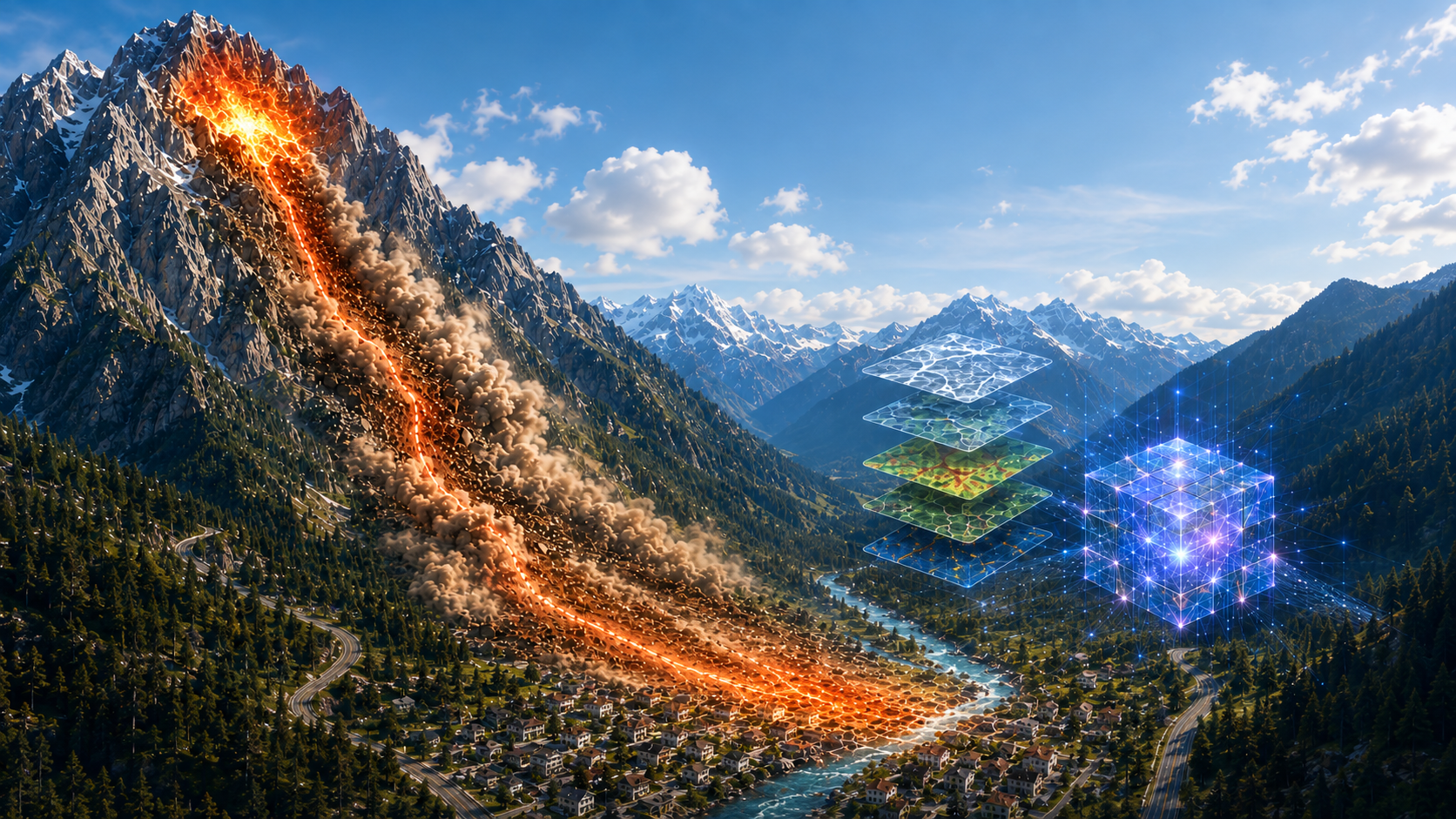 Conceptual illustration of fast-moving landslide runout combined with multiscale geospatial layers and a deep-learning representation.