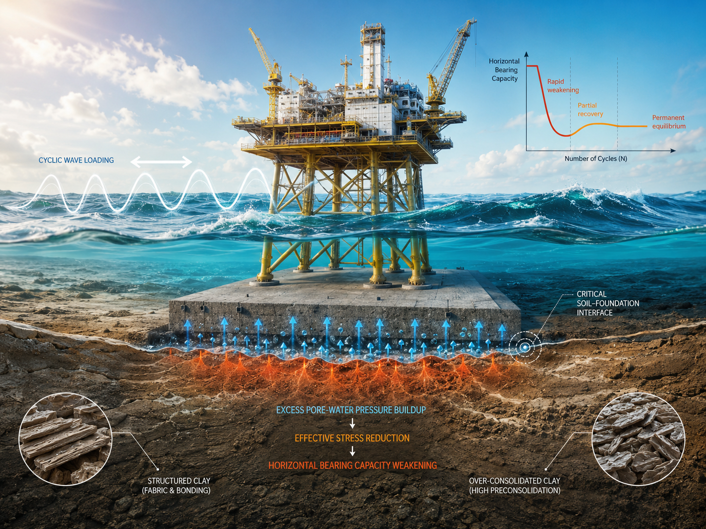 Conceptual illustration of an offshore mat foundation under cyclic wave loading, showing pore-pressure buildup at the soil-foundation interface and a schematic capacity response.