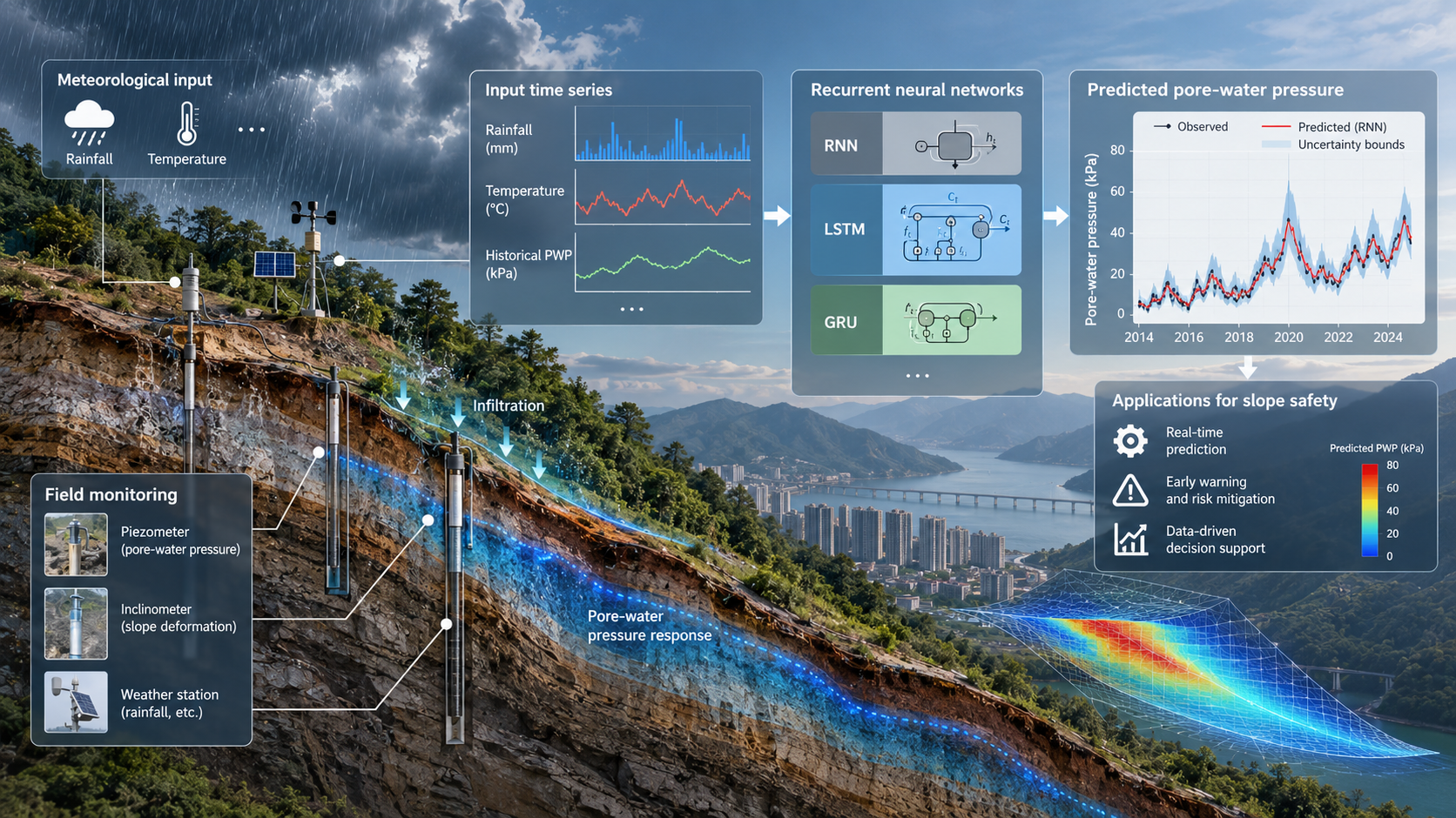 Conceptual illustration linking slope sensors and meteorological time series to recurrent-neural-network forecasts of pore-water pressure.