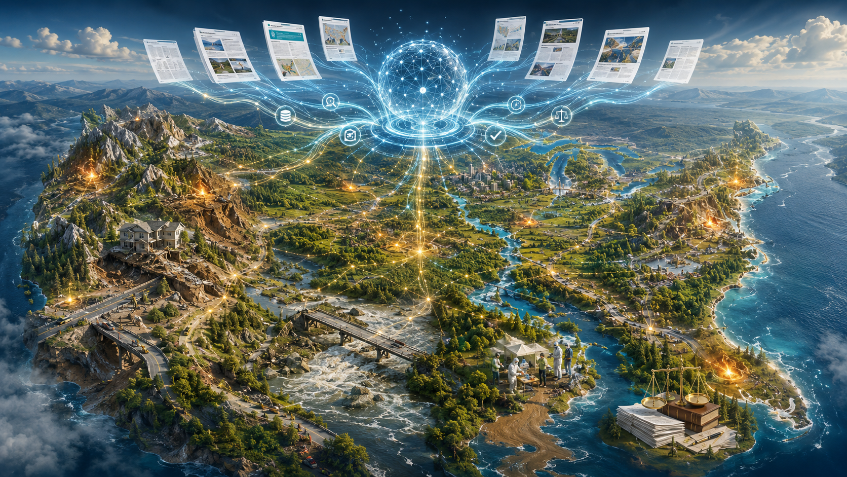 Conceptual illustration of a generative-AI evidence network synthesizing dispersed records of landslide consequences across regions.
