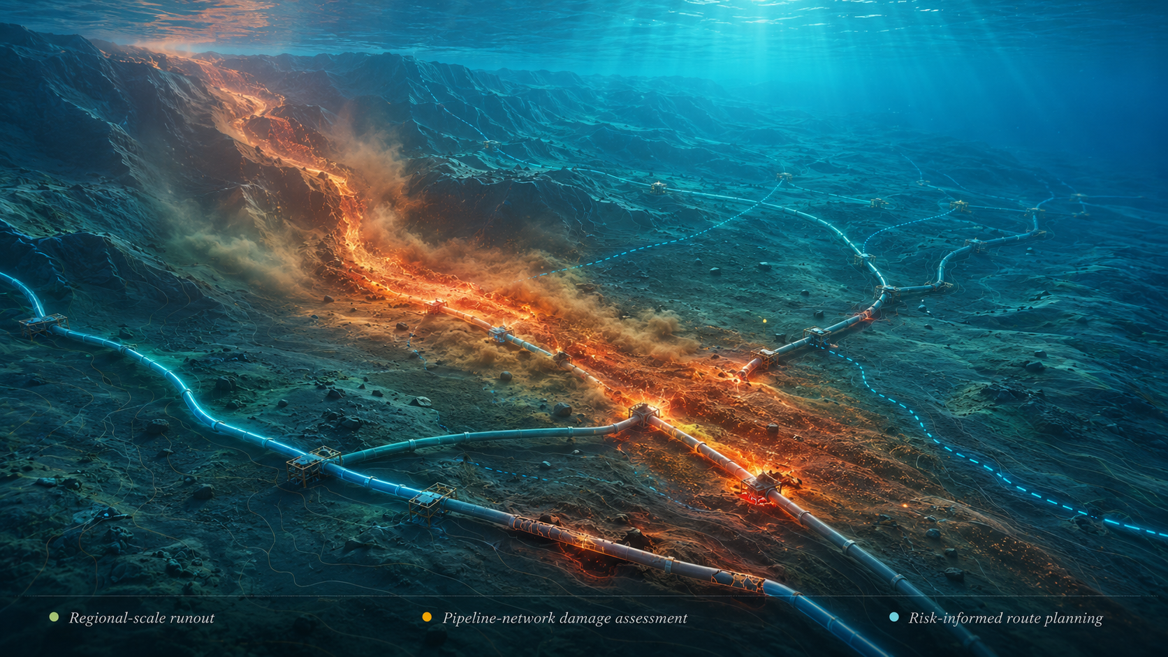 Conceptual illustration of submarine debris-flow runout intersecting a seabed pipeline network, with an alternative route outside the main impact corridor.