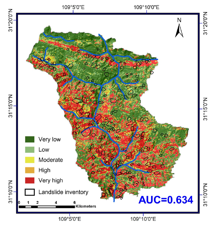 Qinglian landslide susceptibility map from an illustrative 2021 screened CNN-TRIGRS realization, with five susceptibility classes, landslide inventory outlines, and AUC 0.634