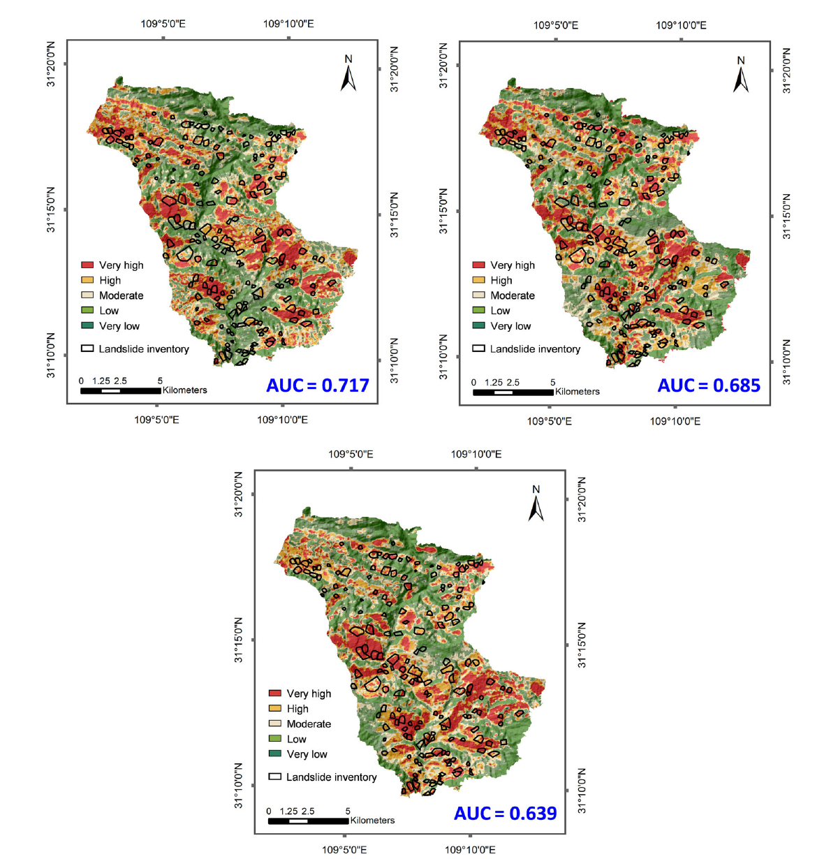 Three Qinglian susceptibility maps from independently trained H3 realizations with visibly different spatial patterns and AUC values of 0.717, 0.685, and 0.639
