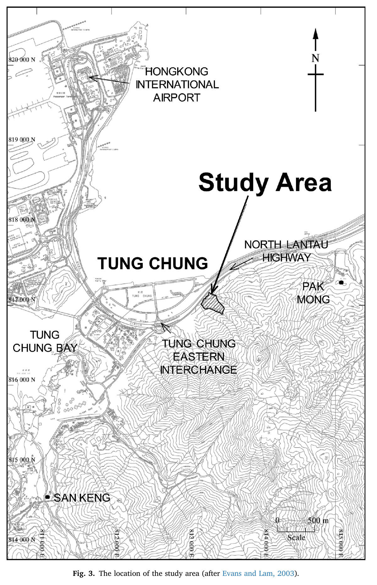 Topographic map locating the monitored natural slope near Tung Chung and Hong Kong International Airport