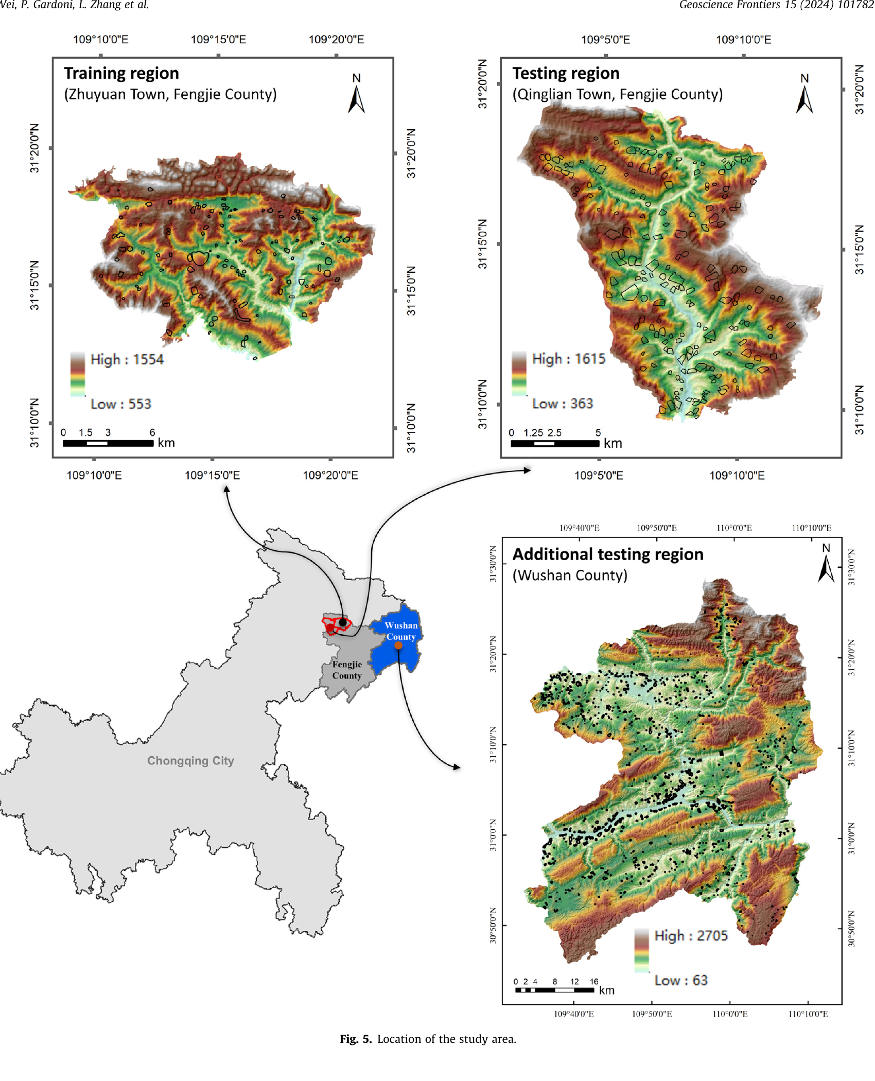 Maps of the Zhuyuan training region, Qinglian testing region, and Wushan additional testing region within Chongqing, with landslide inventories over elevation