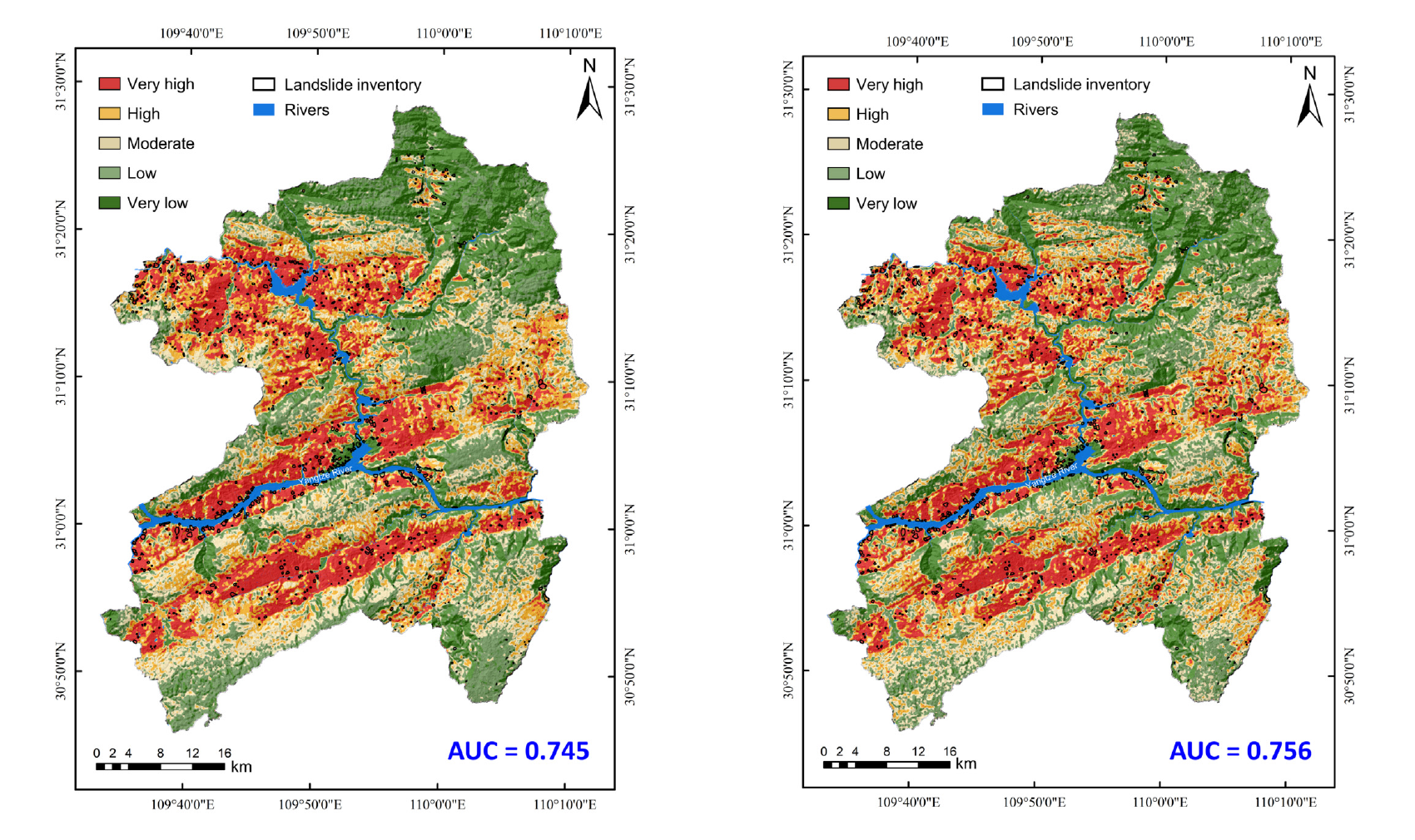 Wushan susceptibility maps produced by Hybrid Model I and Hybrid Model II without local label fine-tuning, with AUC values of 0.745 and 0.756