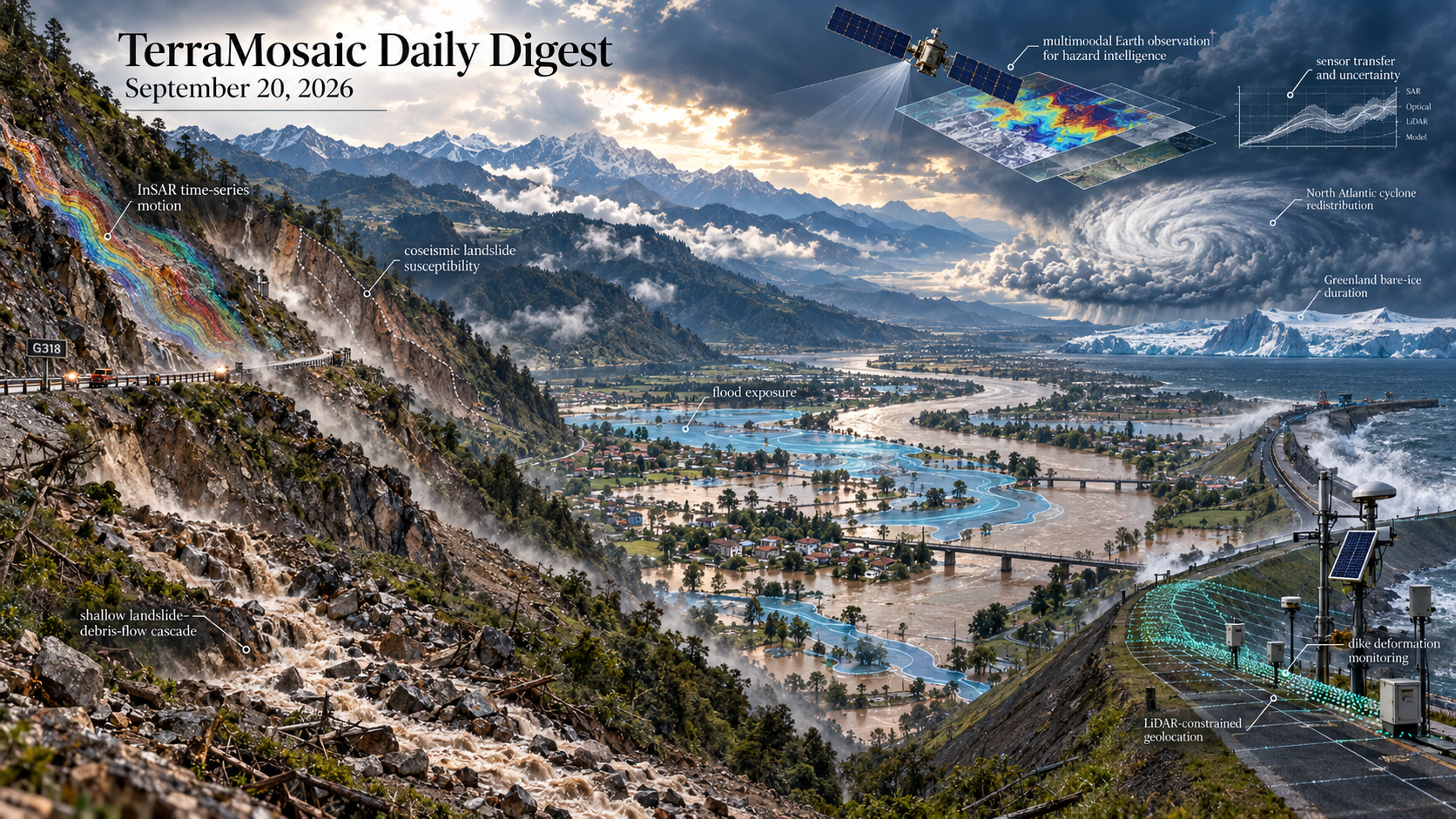 Illustrated September 20, 2026 digest cover showing InSAR landslide monitoring, debris-flow cascades, flood exposure, dike deformation and multimodal Earth observation.