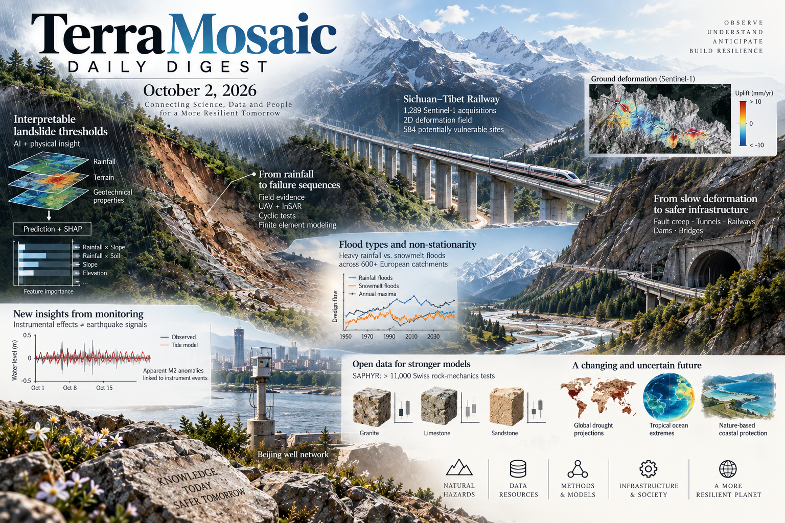Illustrated October 2, 2026 digest cover showing landslide thresholds, railway ground deformation, flood trends, groundwater monitoring and rock-mechanics data.