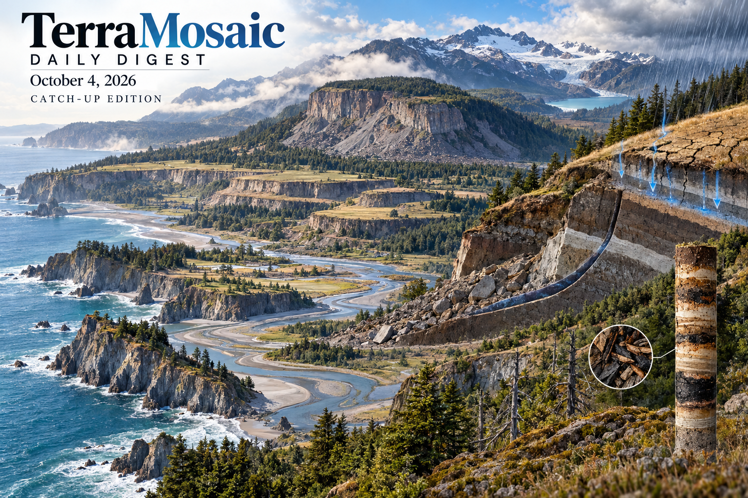 Illustrated TerraMosaic October 4, 2026 cover depicting the main slope, monitoring and hydroclimatic research themes of this catch-up issue.