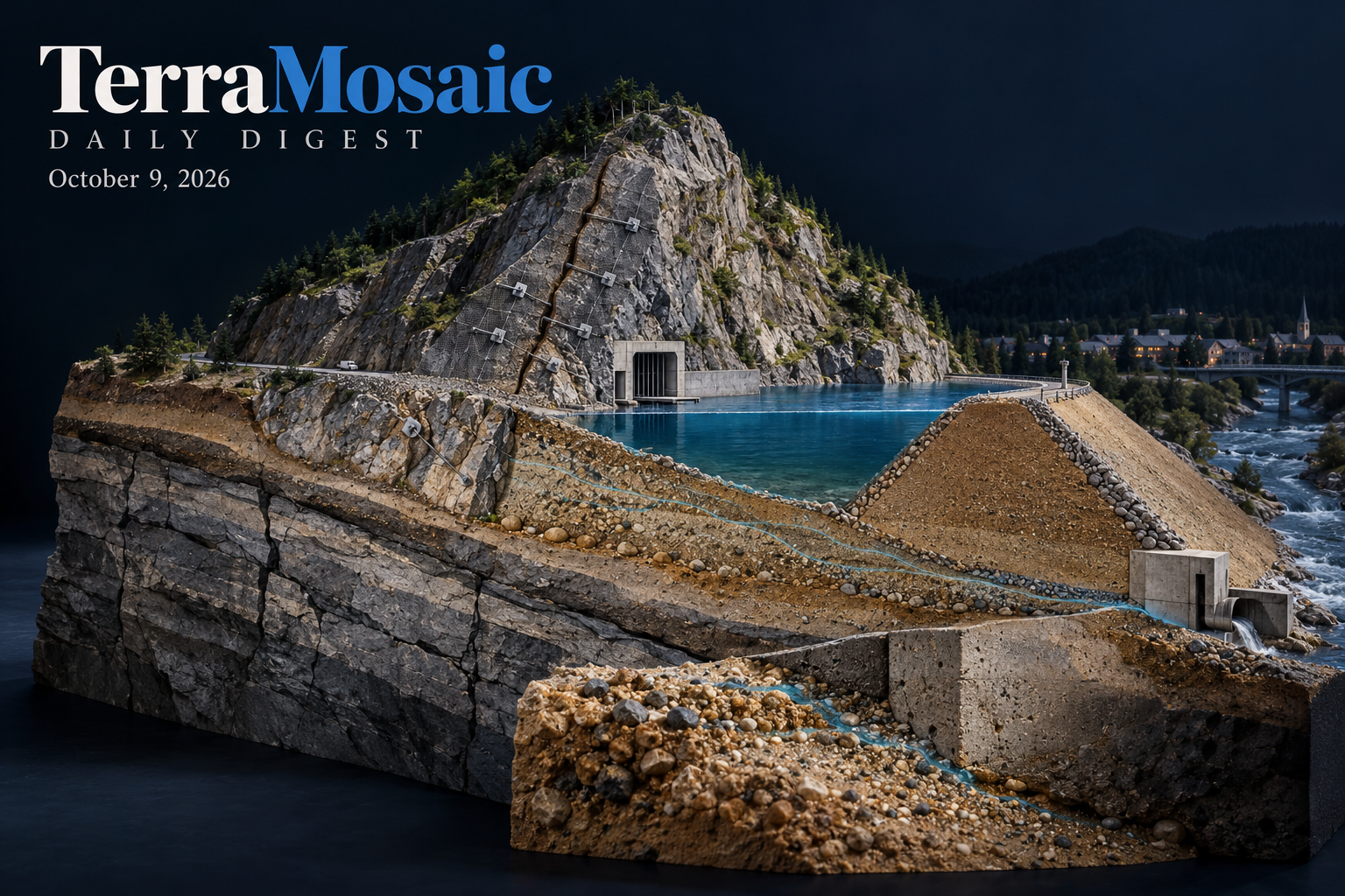 Scientific cutaway illustration of a reinforced rock intake slope, earth embankment and seepage at a soil–concrete interface for the October 9, 2026 TerraMosaic Digest.