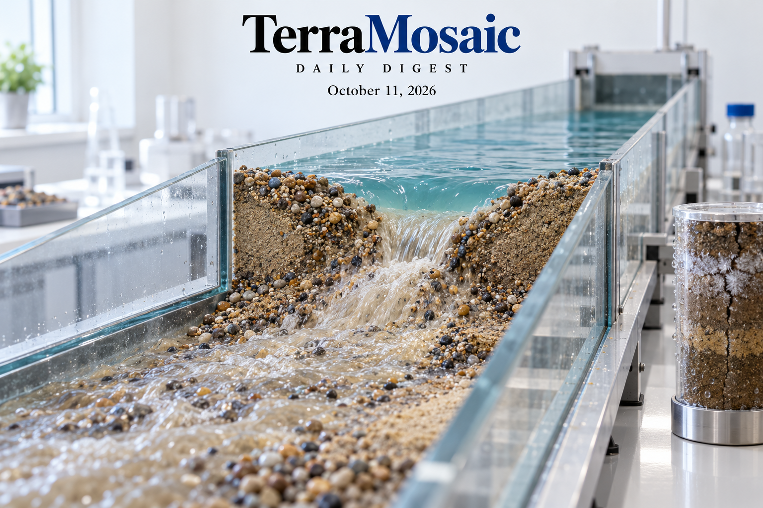 Conceptual laboratory illustration of overtopping breach development in a granular landslide dam, with a cold-region soil test column, for the October 11, 2026 TerraMosaic Digest.